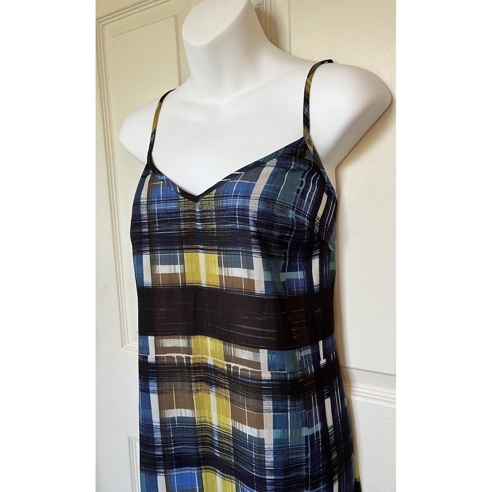 Trina Turk Maryiah Slip Dress V Neck Drop Waist Blue Watercolor Plaid Size 6 NWT - Picture 2 of 9
